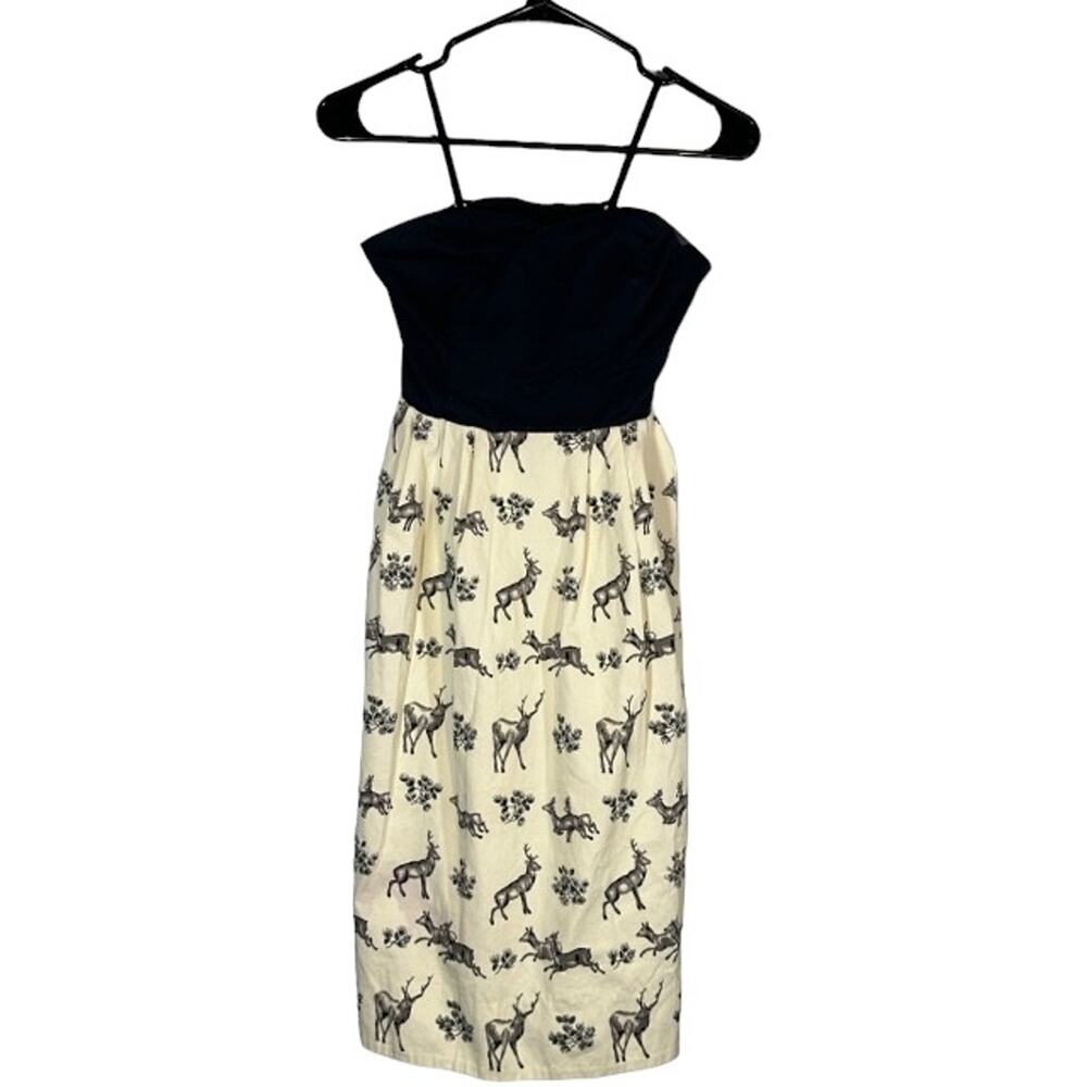 Anthropologie Women’s Black & Cream Strapless Deer Print Conifer Herd Dress Sz 2